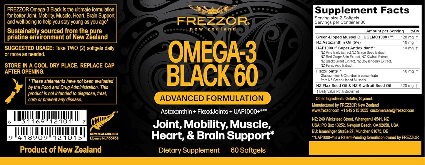 FREZZOR Omega 3 Black – New Zealand Green Lipped Mussel Oil Capsules for Joint Care & Comfort, 60 Soft gel capsule Capsules - görsel 2