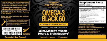 FREZZOR Omega 3 Black – New Zealand Green Lipped Mussel Oil Capsules for Joint Care & Comfort, 60 Soft gel capsule Capsules