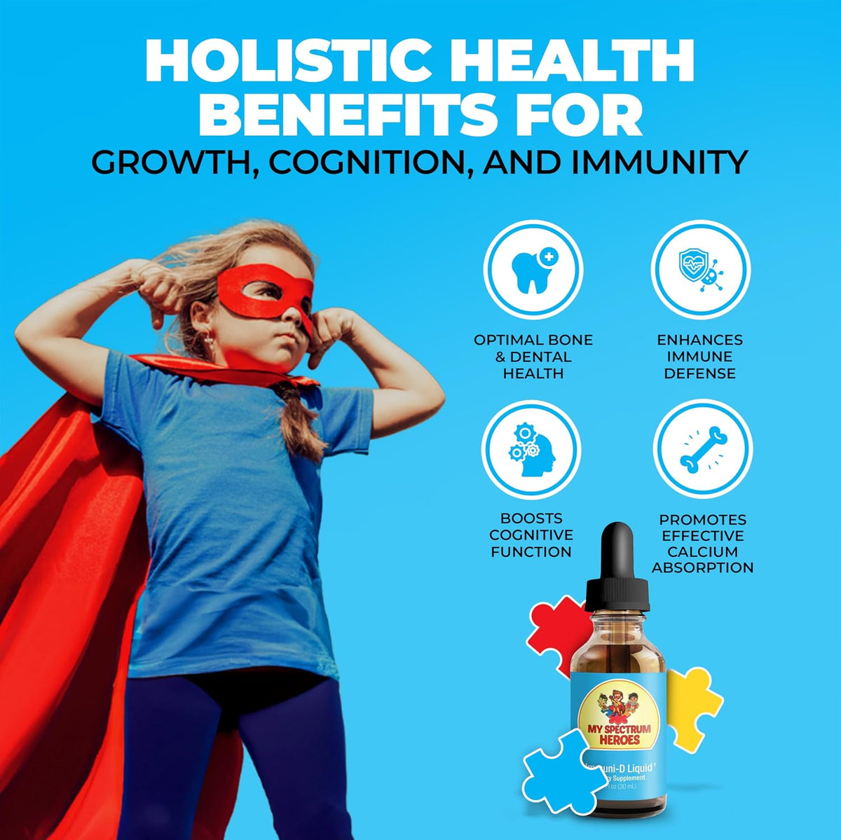 My Spectrum Heroes Immuni-D Liquid Vitamin D3 Supplement, 1000 IU, Gluten-Free, Tasteless, 30 ml - görsel 3