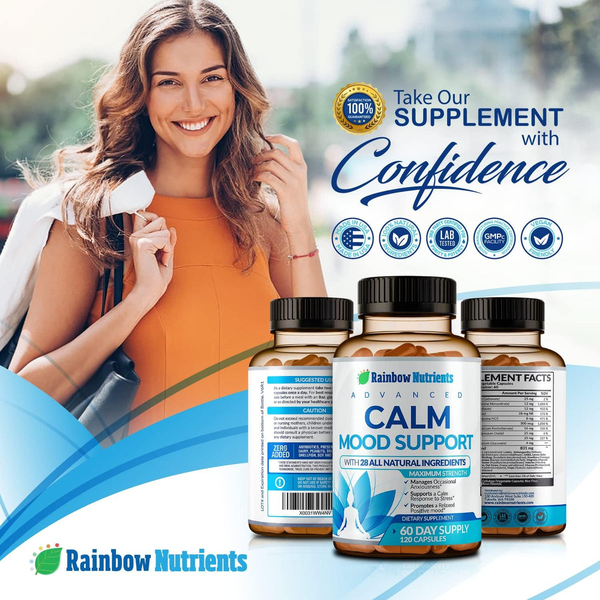 Rainbow Nutrients Calm Mood Support Supplement - 28 in 1 Natural Stress & Anxiety Support with Rhodiola, Ashwagandha, 5-HTP, GABA - 120 Vegan Capsules - görsel 5