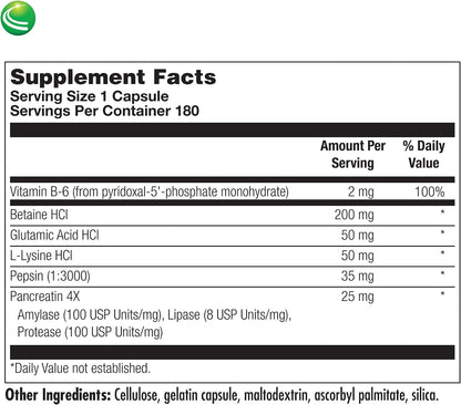 Nutra BioGenesis PanZyme – Betaine HCl with Pepsin, Pancreatin, Lipase and Protease – 180 Capsules