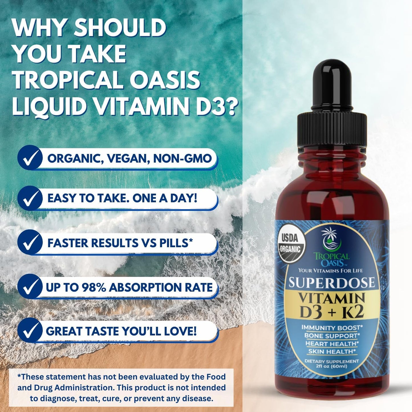 USDA Organic Liquid Vitamin D3 & K2 Drops – Superdose 8,000 IU with 120 mcg K2 – Vegan, Non-GMO – 60 ml - görsel 6