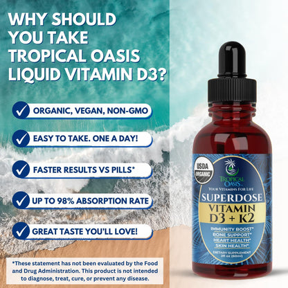 USDA Organic Liquid Vitamin D3 & K2 Drops – Superdose 8,000 IU with 120 mcg K2 – Vegan, Non-GMO – 60 ml