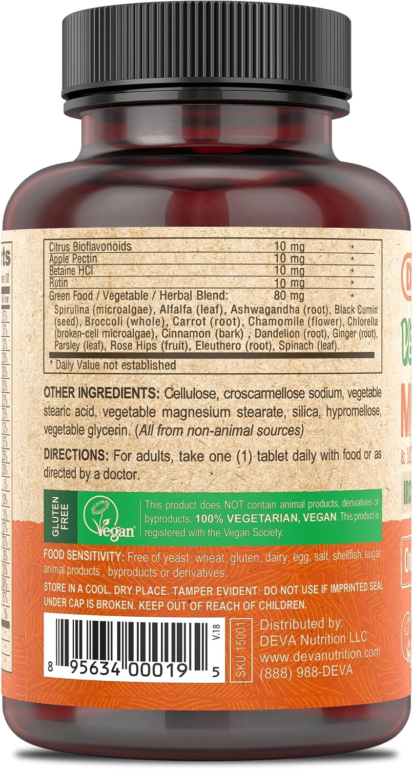 DEVA Vegan Multivitamin and Mineral Supplement - One Daily Formula with Greens - Iron Free - 90 Coated Tablets (Pack of 2) - görsel 3
