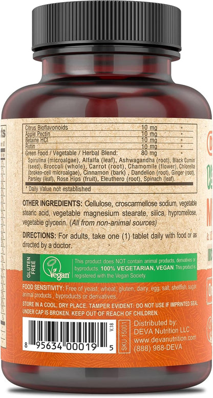 DEVA Vegan Multivitamin and Mineral Supplement - One Daily Formula with Greens - Iron Free - 90 Coated Tablets (Pack of 2)