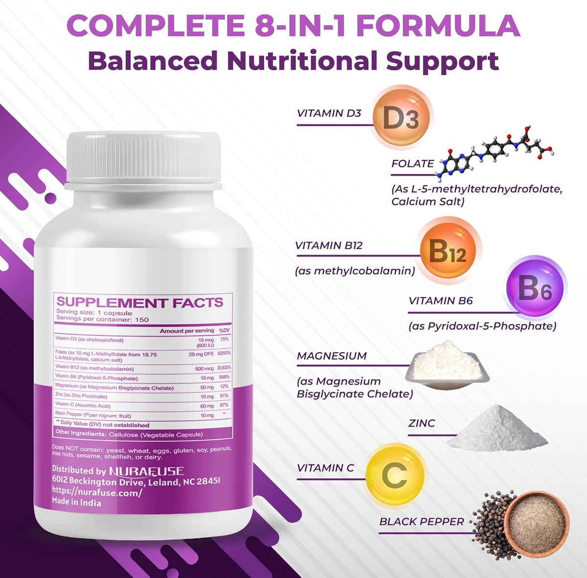 NURAFUSE High Strength 5-MTHF (Active Folate) with Vitamin B12, B6, Magnesium & Black Pepper - görsel 3