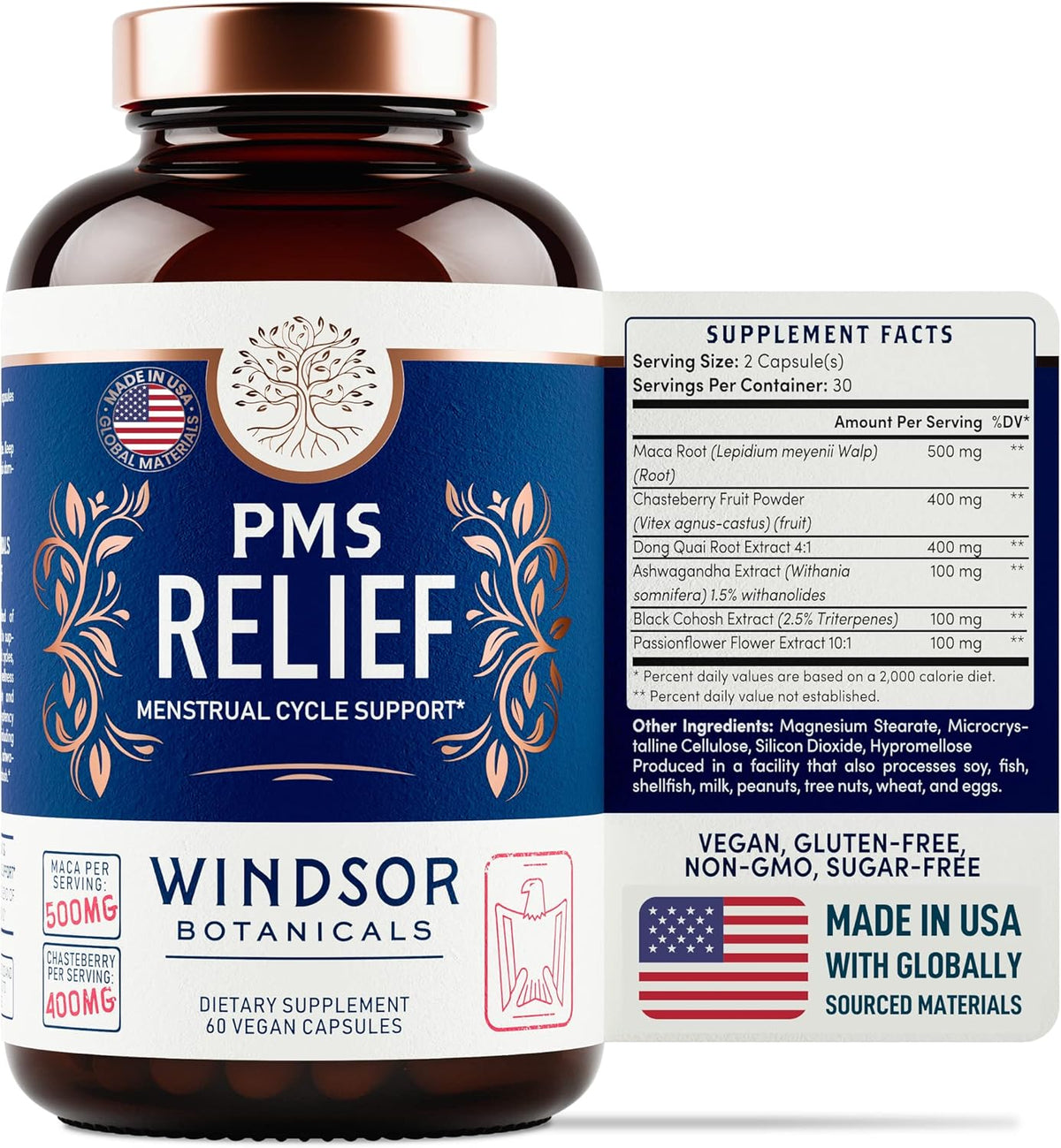 Windsor Botanicals PMS Support Supplement - Chasteberry, Maca Root, Ashwagandha - Period Relief & Mood Support - 60 Vegan Capsules - görsel 1