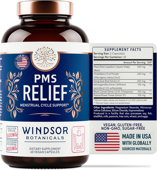 Windsor Botanicals PMS Support Supplement - Chasteberry, Maca Root, Ashwagandha - Period Relief & Mood Support - 60 Vegan Capsules