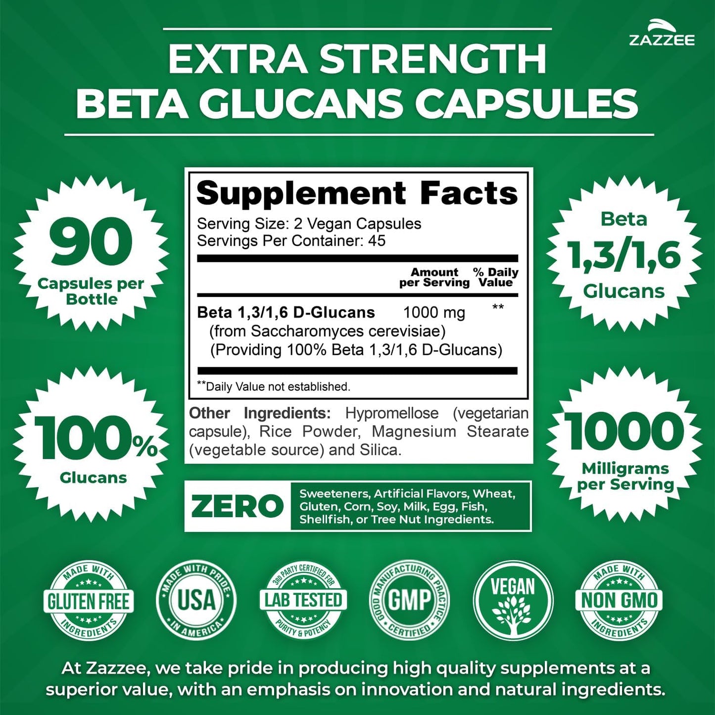 Zazzee Extra Strength 1,3/1,6 Beta Glucans - 1000 mg, 100% Concentrated, 90 Vegan Capsules - Immune Support Supplement - görsel 3