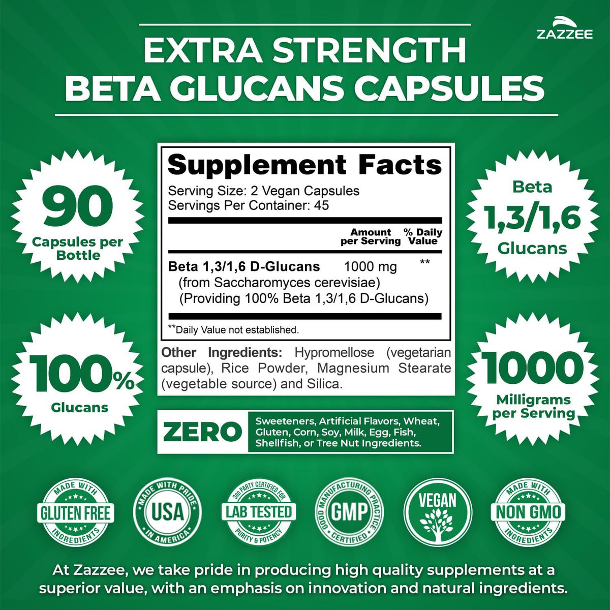 Zazzee Extra Strength 1,3/1,6 Beta Glucans - 1000 mg, 100% Concentrated, 90 Vegan Capsules - Immune Support Supplement - görsel 3
