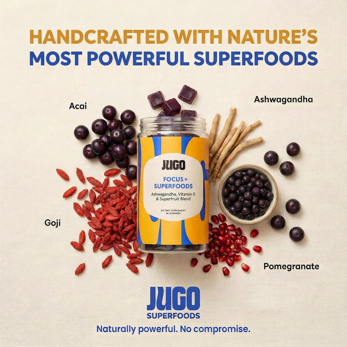 JUGO Focus + SUPERFOODS Ashwagandha Gummies with Vitamin D3 & Superfruit Blend - görsel 3