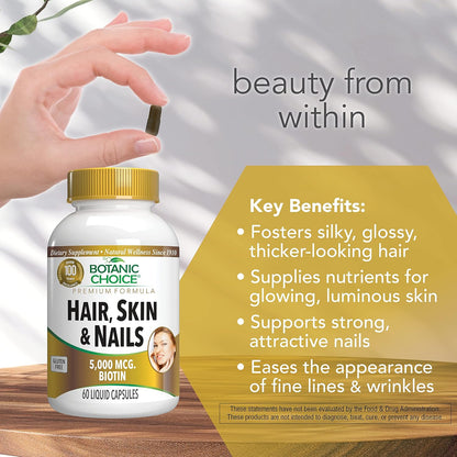 Botanic Choice Hair, Skin and Nails Vitamins - Biotin Supplement with Collagen, Vitamin C & Iron - Super Antioxidant Blend with Argan Oil & Hyaluronic Acid - 60 Liquid Capsules