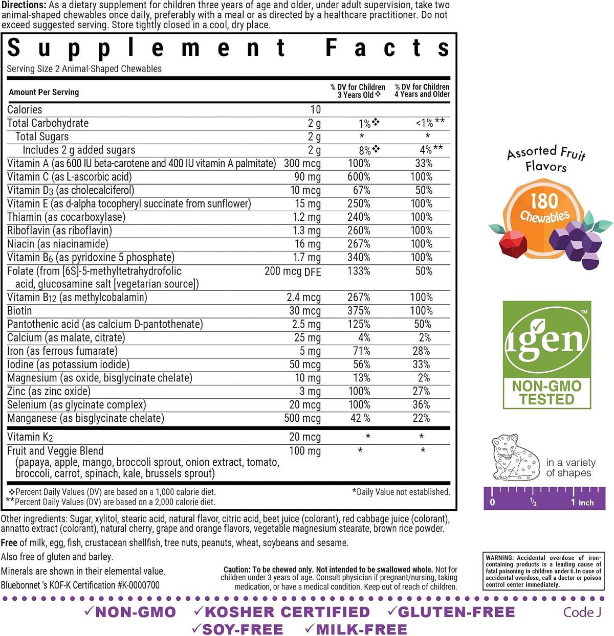 Bluebonnet Nutrition Rainforest Animalz Whole Food Based Multiple Chewable Tablets, Kids Multivitamin & Mineral, Vitamin C, D3, Iron, Gluten Free, Milk Free, Kosher, 180 Chewable Tablets, Mixed Flavour - görsel 2
