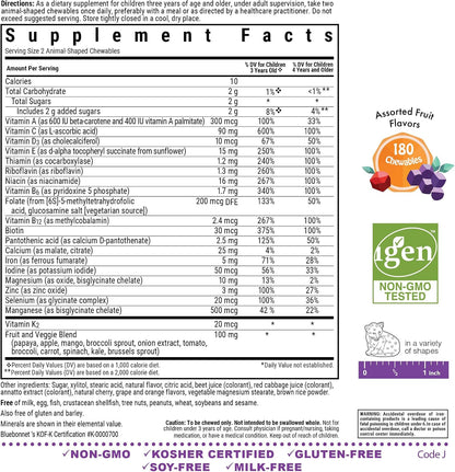 Bluebonnet Nutrition Rainforest Animalz Whole Food Based Multiple Chewable Tablets, Kids Multivitamin & Mineral, Vitamin C, D3, Iron, Gluten Free, Milk Free, Kosher, 180 Chewable Tablets, Mixed Flavour