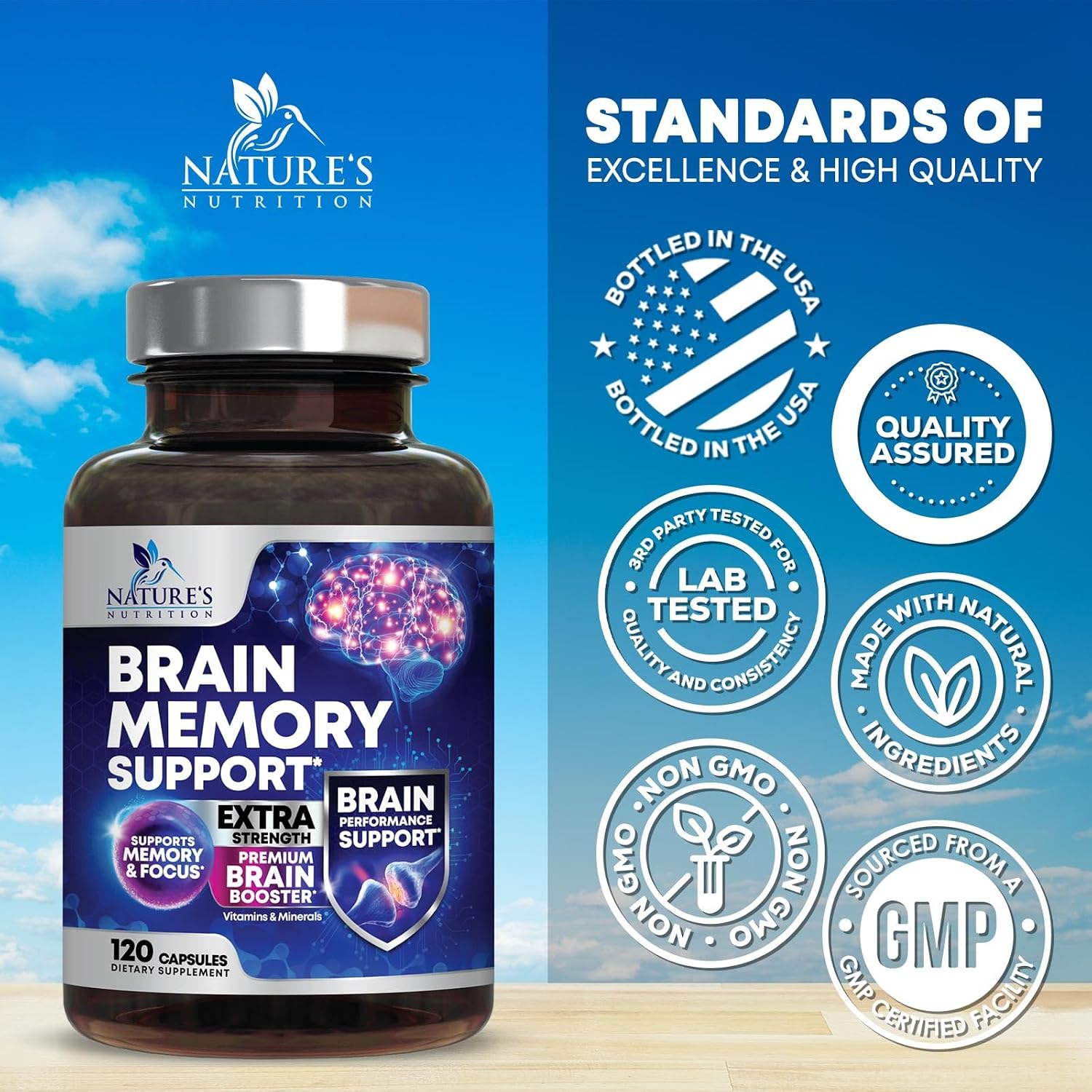 Nature's Nutrition Brain Memory Supplement - Triple Strength Nootropics for Concentration, Clarity and Focus Support – 120 Capsules - görsel 4