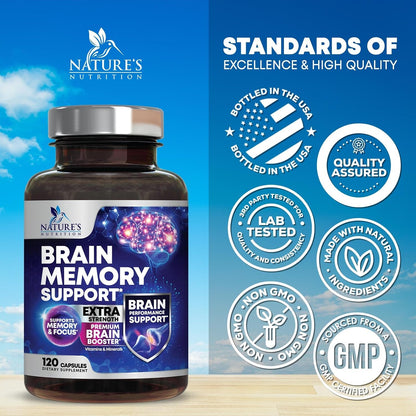 Nature's Nutrition Brain Memory Supplement - Triple Strength Nootropics for Concentration, Clarity and Focus Support – 120 Capsules