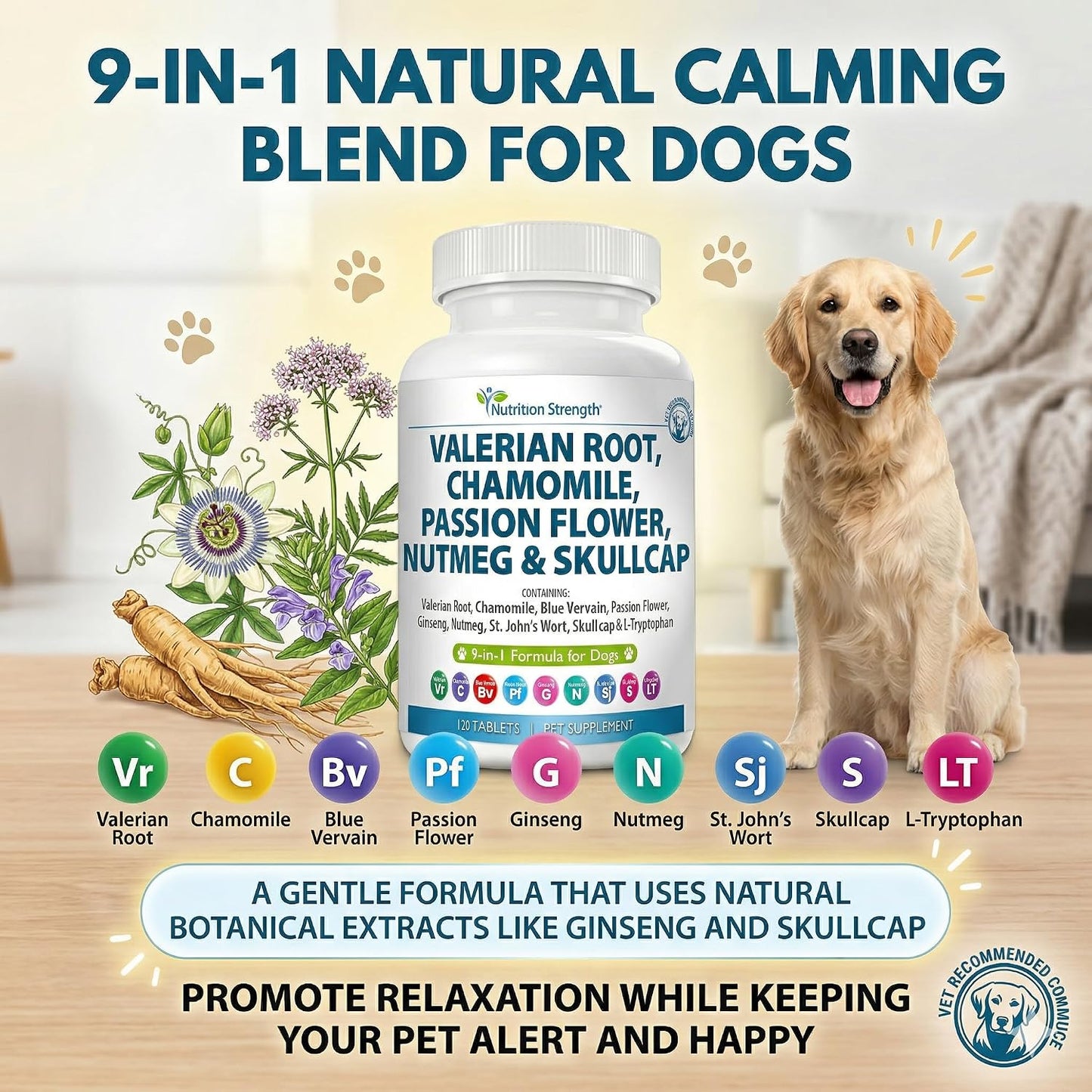 Nutrition Strength 9-in-1 Valerian Root for Dogs 200mg, Chamomile 160mg, Blue Vervain, Passion Flower, Ginseng, Nutmeg, St John's Wort, L-Tryptophan for Dog Stress Relief & Calming, 120 Tablets - görsel 2
