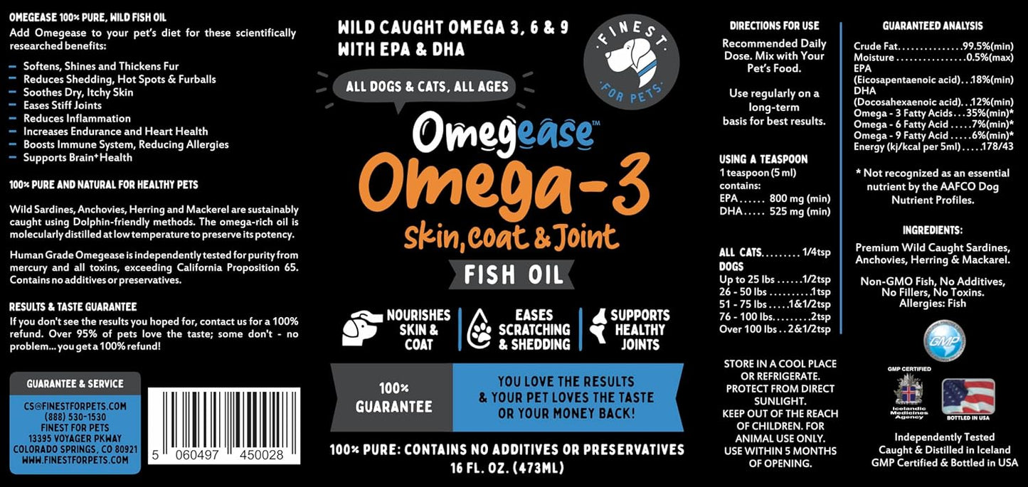 100% Pure Fish Oil for Dogs & Cats (1,545 mg Omega-3 per 5 ml serving) 454 ml. Loaded with EPA & DHA for Joints, Skin & Coat, Itching, Heart & Immune Health. Stronger Than Salmon Oil. Unflavoured Omegease. - görsel 9