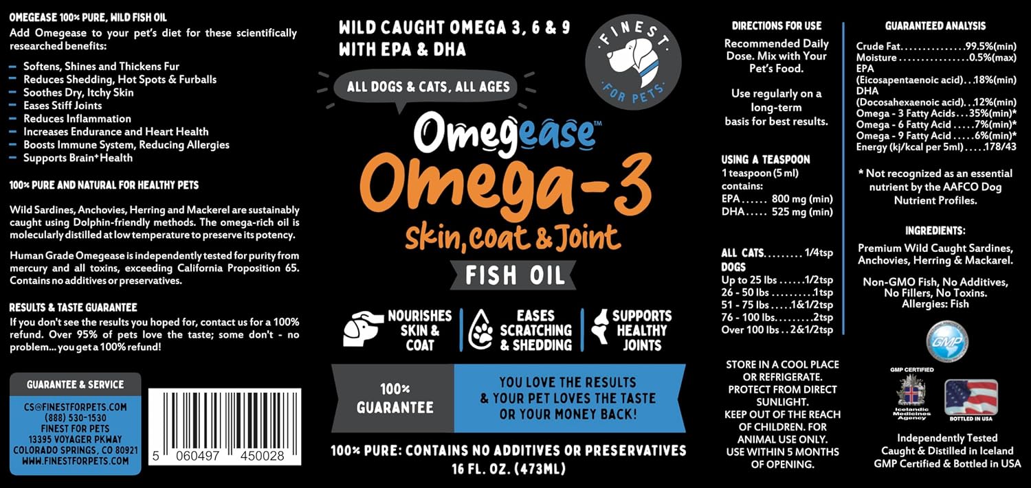 100% Pure Fish Oil for Dogs & Cats (1,545 mg Omega-3 per 5 ml serving) 454 ml. Loaded with EPA & DHA for Joints, Skin & Coat, Itching, Heart & Immune Health. Stronger Than Salmon Oil. Unflavoured Omegease. - görsel 9