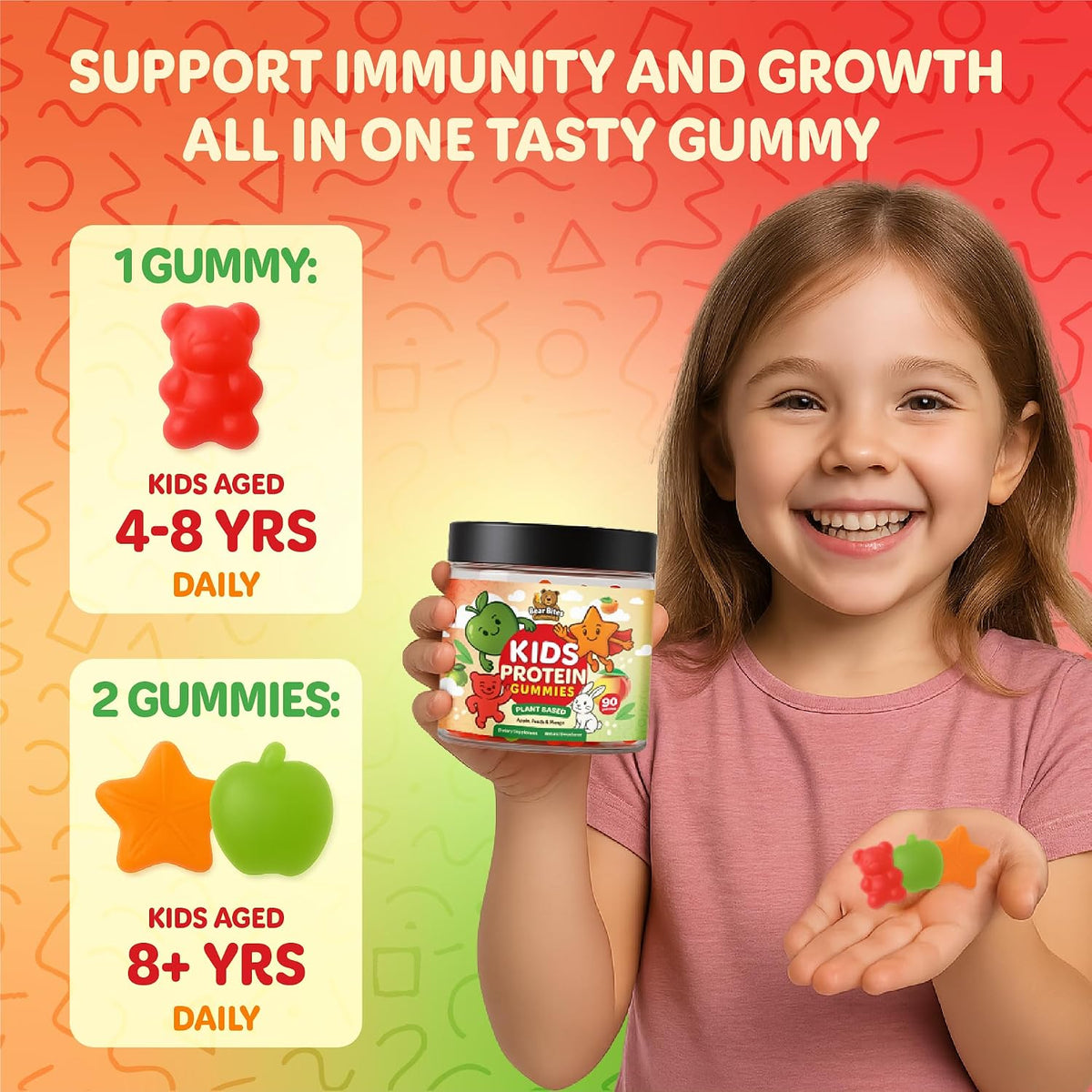 Bear Bites Gummies - Plant-Based Kids Protein Gummies – Vegan, Sugar Free, Gluten-free, Vitamin C – Immune Support, Protein Snacks – Tasty Apple, Peach, Mango Flavours – 90 Count – No Artificial Flavours - görsel 6