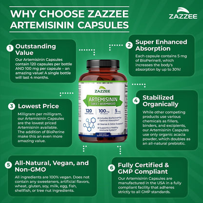 Zazzee High Absorption Artemisinin – 100 mg per Capsule with BioPerine, 120 Vegan Capsules