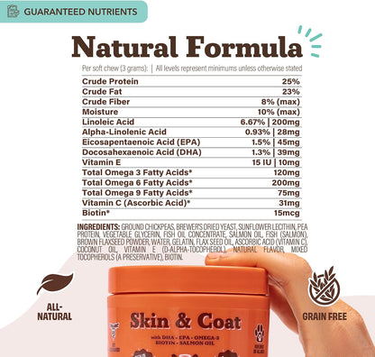 Natural Dog Company Skin & Coat Supplement for Dogs – Omega-3 Salmon Oil, Biotin & Vitamin E, 90 Soft Chews
