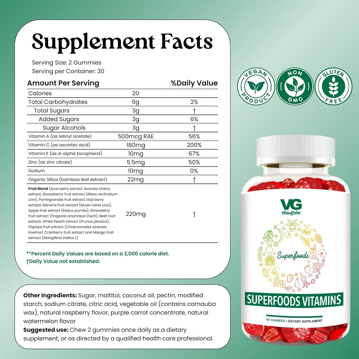 VITA GLOBE Superfood Gummy Vitamins – Immune Health & Antioxidant Support – Daily Wellness Gummies for Adults & Kids – Vegan, Non-GMO, Gluten-free – 60 Count - görsel 2