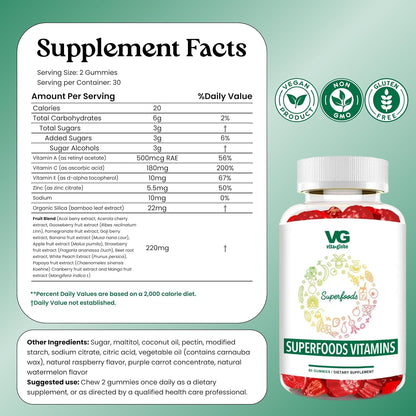 VITA GLOBE Superfood Gummy Vitamins – Immune Health & Antioxidant Support – Daily Wellness Gummies for Adults & Kids – Vegan, Non-GMO, Gluten-free – 60 Count