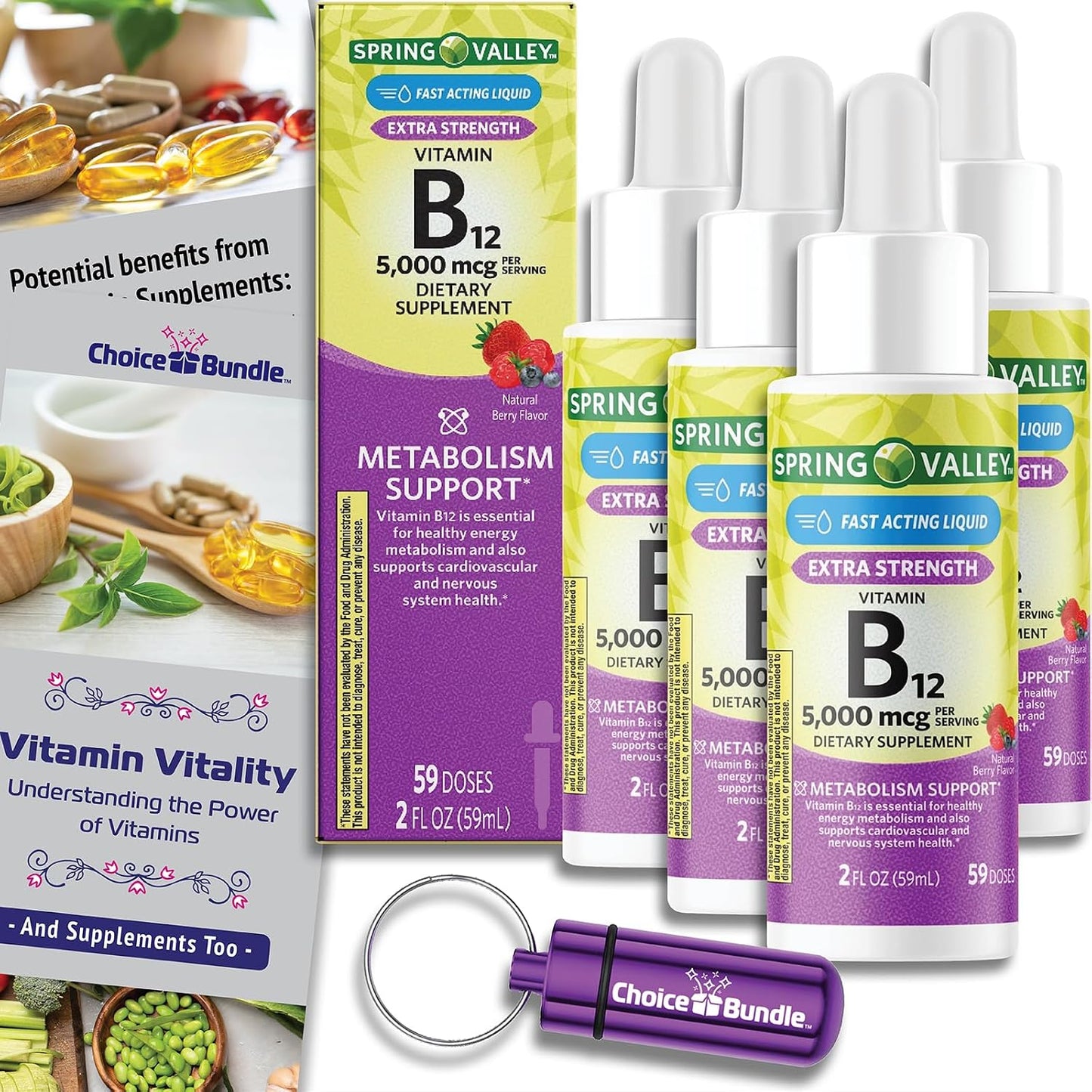 Choice Bundle Spring Valley Liquid Vitamin B12 5000 mcg Food Supplement Natural Berry Flavour 2 fl oz (60 ml) 4 Pack (approx. 240 ml Total) + Vitamin Guide and Keychain Pill Holder (6 Items) - görsel 1