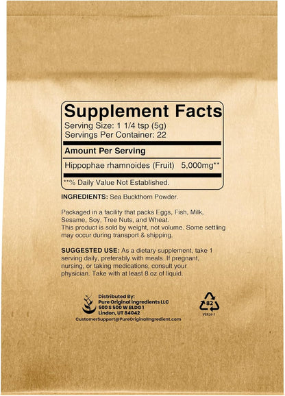 Pure Original Ingredients Sea Buckthorn Powder (113 g) – Traditional Supplement, Tart Berry Flavour, Non-GMO