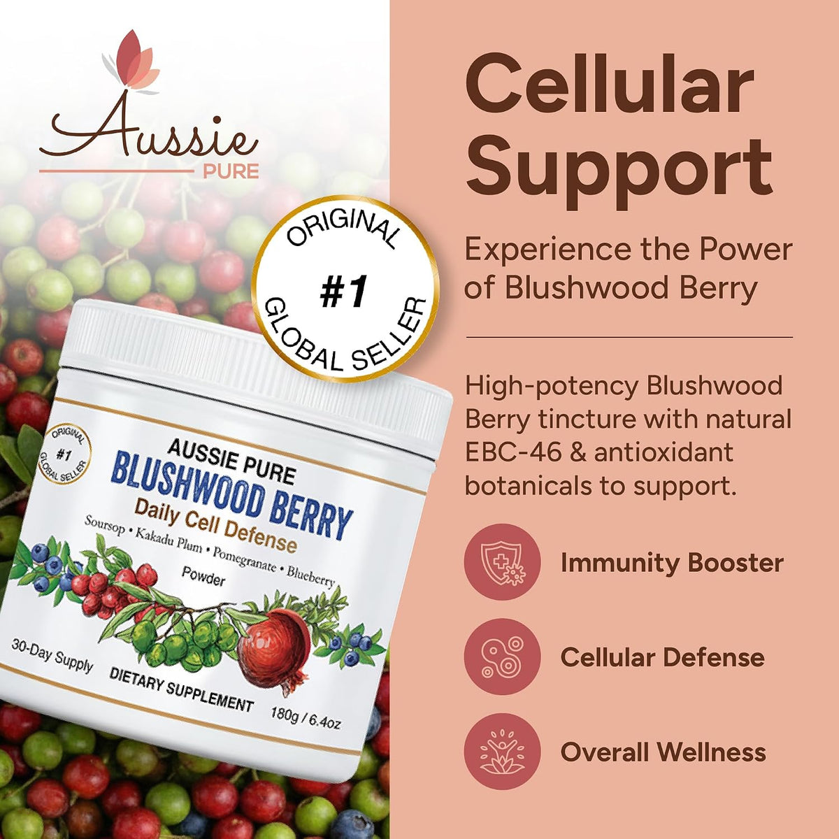Aussie Pure Blushwood Berry Daily Cell Defence - Soursop, Kakadu Plum, Pomegranate, Blueberry - Immune and Cell Support Powder - 180g - görsel 3