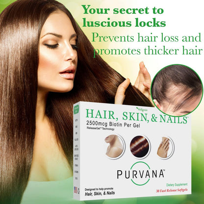 Wellgenix Purvana Hair, Skin and Nails – 2500mcg Biotin Softgels with MSM & B-Complex – 30 Count