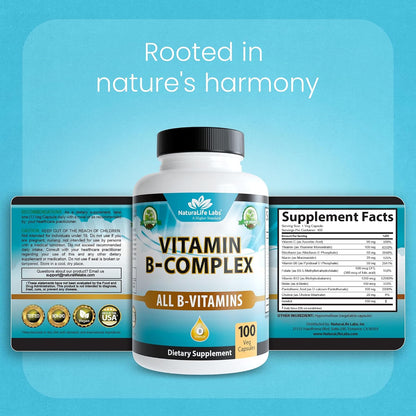 NaturaLife Labs Vitamin B Complex – Active B Vitamins (B2, B6, B9, B12) plus Vitamin C – 100 Capsules