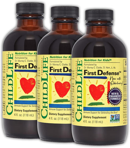 CHILDLIFE ESSENTIALS First Defence – Liquid Immune Support for Children, Elderberry & Zinc, Non-GM, Gluten-free, 4 fl oz (118 ml) (Pack of 3)