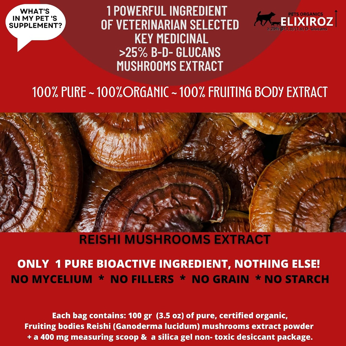 Reishi Mushroom Extract for Dogs & Cats – 35%+ Beta Glucans – Fruiting Body (8:1–12:1 Concentrated) – Immune Support, Calming & Relaxation – No Fillers – 250 Servings - görsel 6