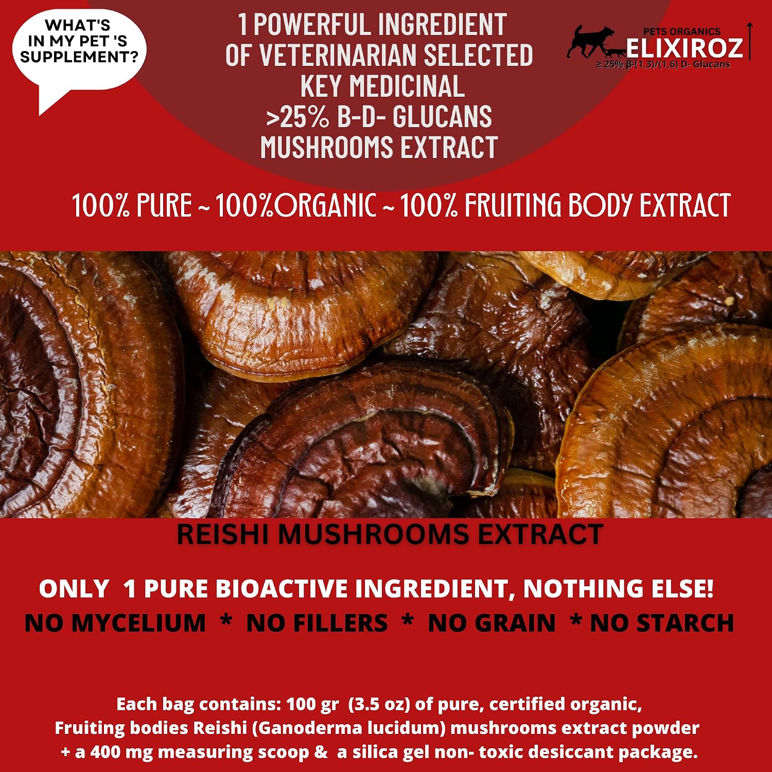Reishi Mushroom Extract for Dogs & Cats – 35%+ Beta Glucans – Fruiting Body (8:1–12:1 Concentrated) – Immune Support, Calming & Relaxation – No Fillers – 250 Servings - görsel 6