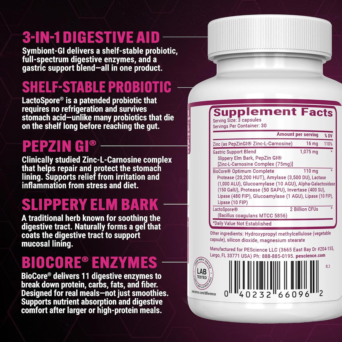 Symbiont-GI Gut Health Capsules with Zinc Carnosine PepZin GI, Shelf-Stable Probiotic, Digestive Enzymes, Slippery Elm Bark, 90 Capsules - görsel 2
