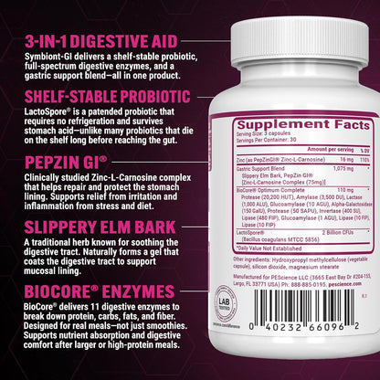 Symbiont-GI Gut Health Capsules with Zinc Carnosine PepZin GI, Shelf-Stable Probiotic, Digestive Enzymes, Slippery Elm Bark, 90 Capsules
