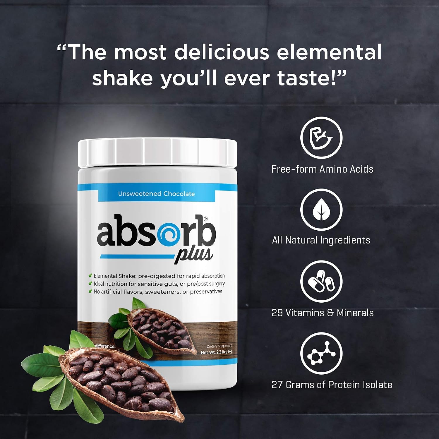 Absorb Plus Isolate Protein - Gut Health Supplement, 1 kg Unsweetened Chocolate - görsel 5