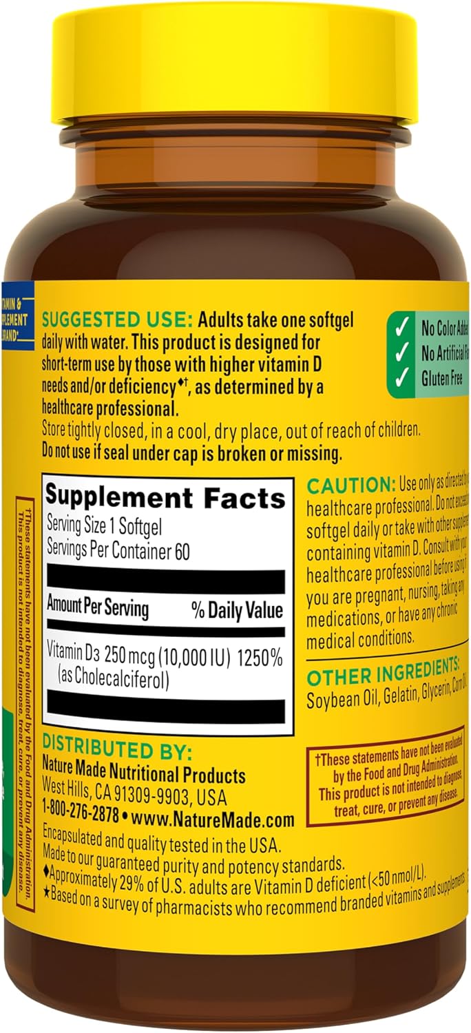 Nature Made Vitamin D3 10000 IU (250 mcg) High Strength Food Supplement, 60 Softgels - görsel 8