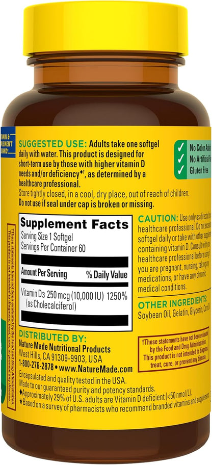 Nature Made Vitamin D3 10000 IU (250 mcg) High Strength Food Supplement, 60 Softgels