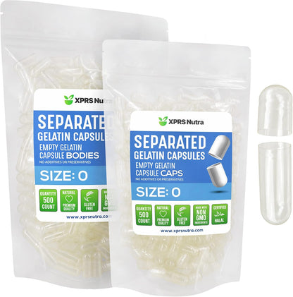 XPRS Nutra Gelatine Size 0 Separated Capsules - 1000 Count Clear Empty Capsules