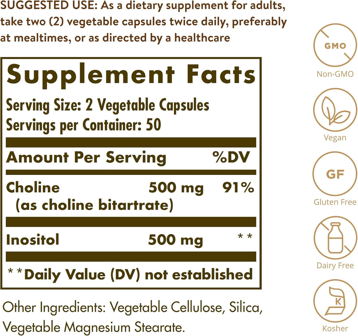 Solgar Choline/Inositol 500 mg/500 mg, 100 Vegetable Capsules - görsel 2