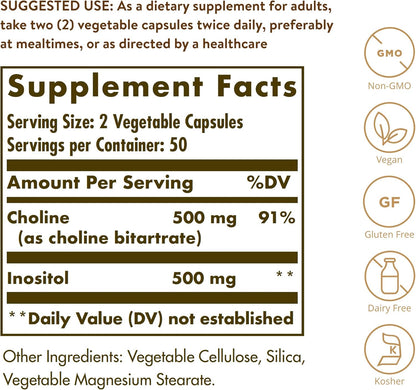 Solgar Choline/Inositol 500 mg/500 mg, 100 Vegetable Capsules
