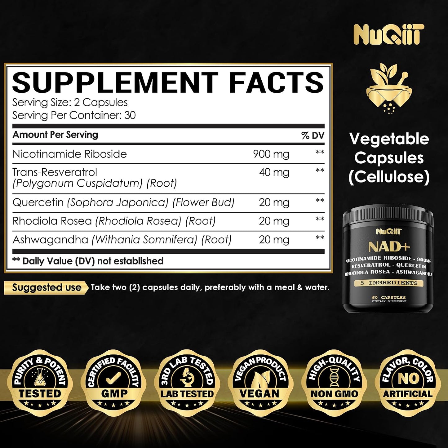 NAD+ Supplement with Nicotinamide Riboside, Resveratrol, Quercetin, Turmeric, Rhodiola Rosea - 60 Count - görsel 6