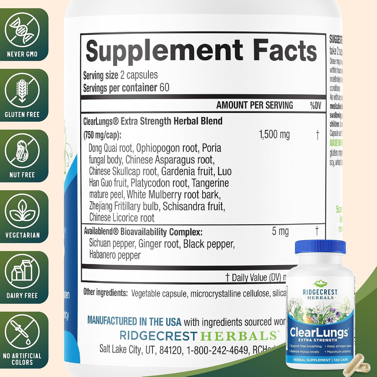 RidgeCrest Herbals ClearLungs Extra Strength, Daily Food Supplement, Natural Lung and Nasal Wellness Formula (120 Vegan Caps, 60 Serv) - görsel 3