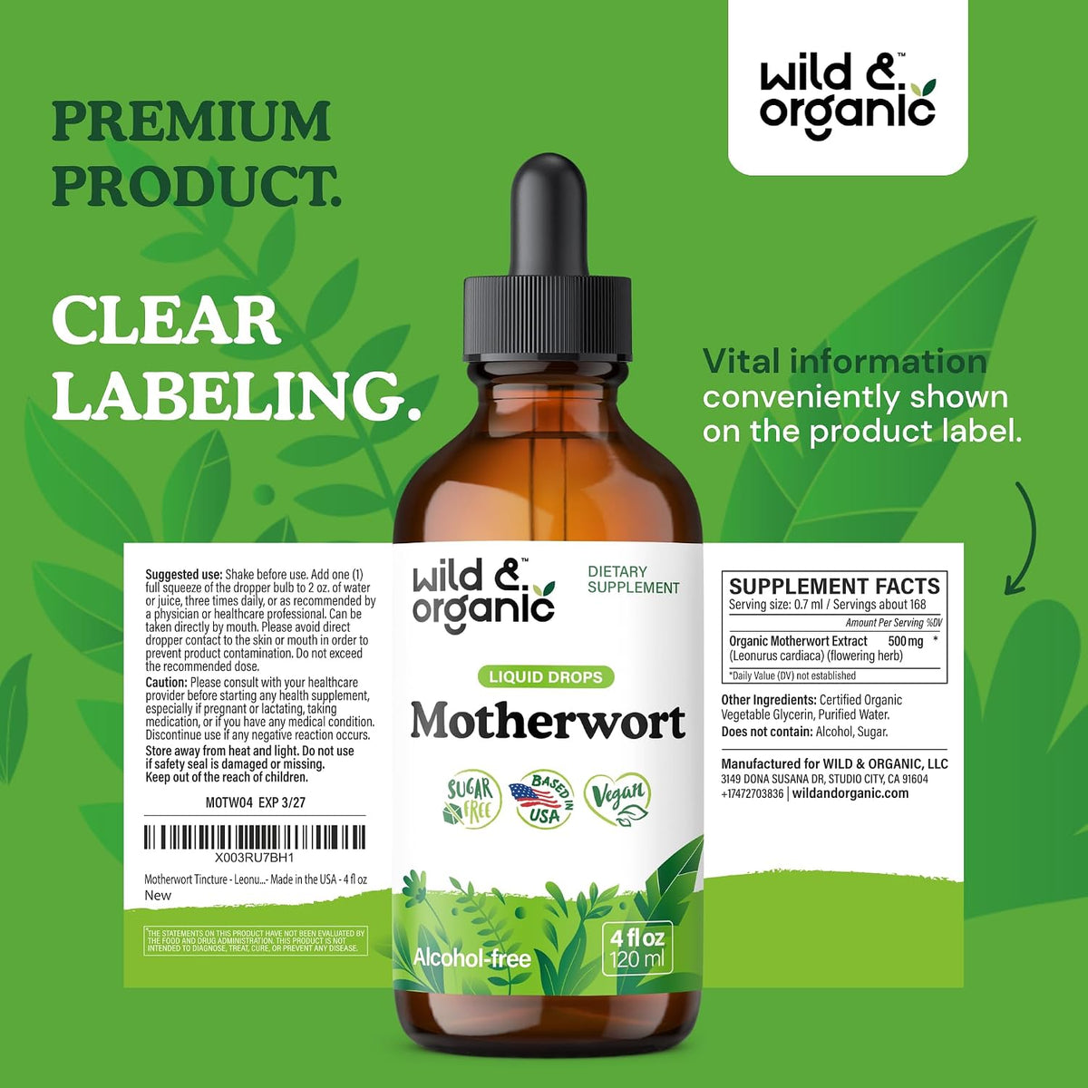 Wild & Organic Motherwort Tincture - Good Mood, Calmness and Overall Support - Vegan, Sugar & Alcohol-Free Extract Drops - 118 ml - görsel 9