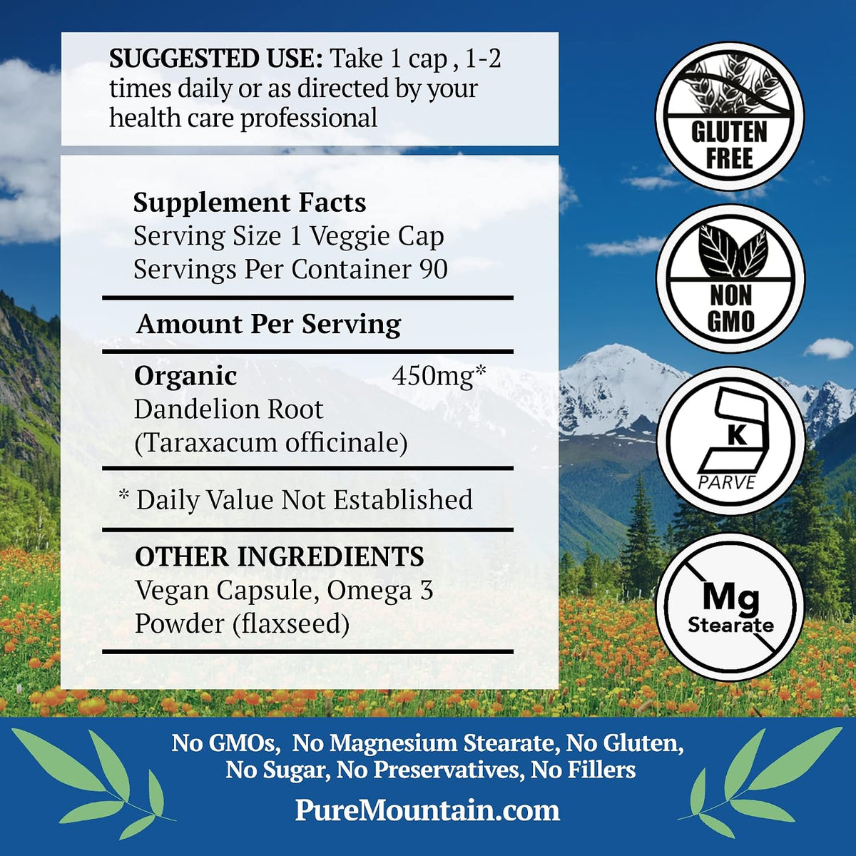 Pure Mountain Botanicals Dandelion Root Capsules – Organic 450mg, 90 Count - görsel 2