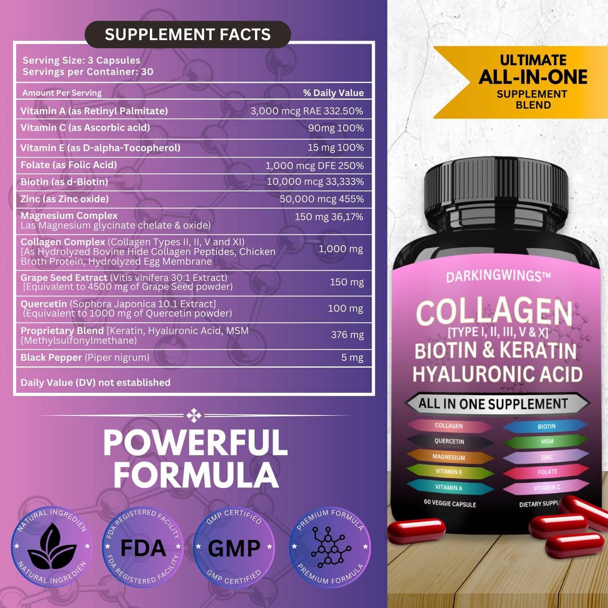 Darkingwings Multi Collagen Peptides Capsules - 14-in-1 with Types I, II, III, V & X, Biotin, Keratin, HA, MSM, Vitamin C, Zinc & More - görsel 2