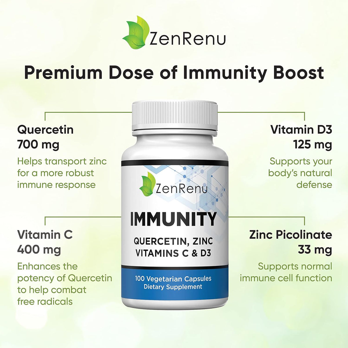 Immunity Quercetin 700 mg with Zinc, Vitamin C, Vitamin D3, and Curcumin – 100 Vegetarian Capsules - görsel 2